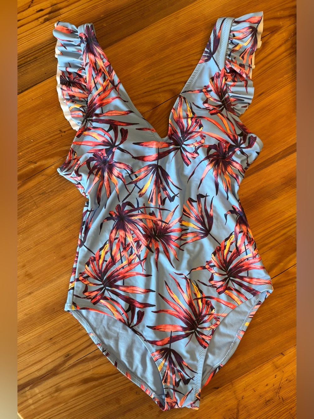 Jessica Simpson Light Blue One-Piece Swimsuit with Pink-Red Floral Print